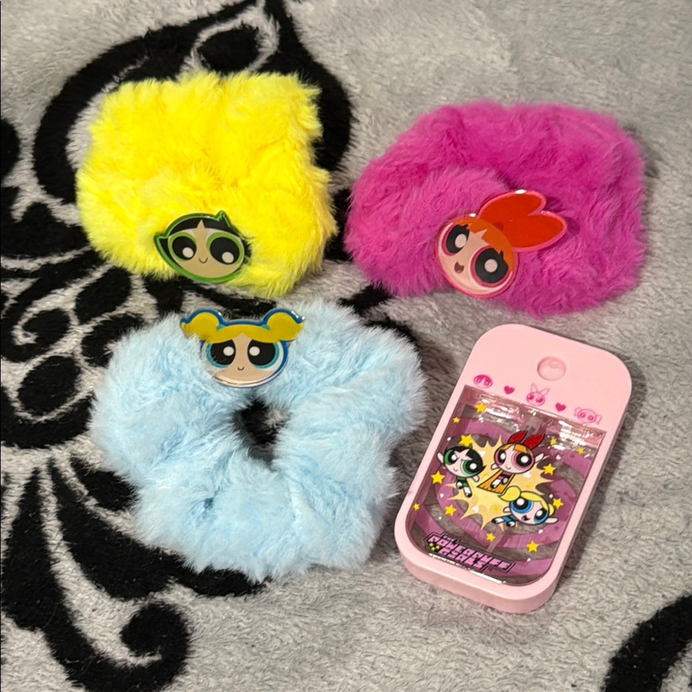 Powerpuff Girls Fuzzy Hair Scrunchies Set of 3 & Refillable Hand Sanitizer! New